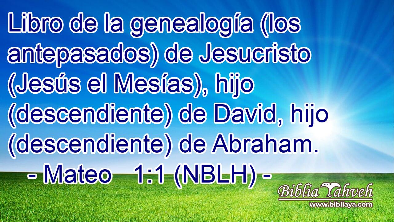  Libro de la genealogía (los antepasados) de Jesucristo (Jesús el Mesías), hijo (descendiente) de David, hijo (descendiente) de Abraham. 