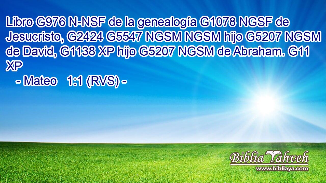 Libro G976 N-NSF de la genealogía G1078 NGSF de Jesucristo, G2424 G5547 NGSM NGSM hijo G5207 NGSM de David, G1138 XP hijo G5207 NGSM de Abraham. G11 XP 