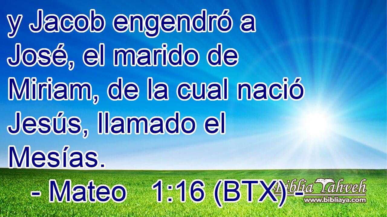 y Jacob engendró a José, el marido de Miriam, de la cual nació Jesús, llamado el Mesías.