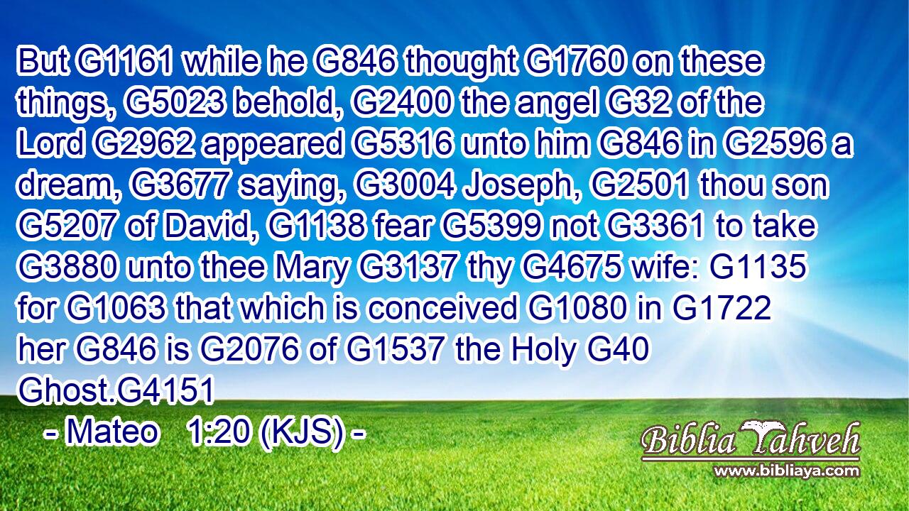 But G1161 while he G846 thought G1760 on these things, G5023 behold, G2400 the angel G32 of the Lord G2962 appeared G5316 unto him G846 in G2596 a dream, G3677 saying, G3004 Joseph, G2501 thou son G5207 of David, G1138 fear G5399 not G3361 to take G3880 unto thee Mary G3137 thy G4675 wife: G1135 for G1063 that which is conceived G1080 in G1722 her G846 is G2076 of G1537 the Holy G40 Ghost.G4151