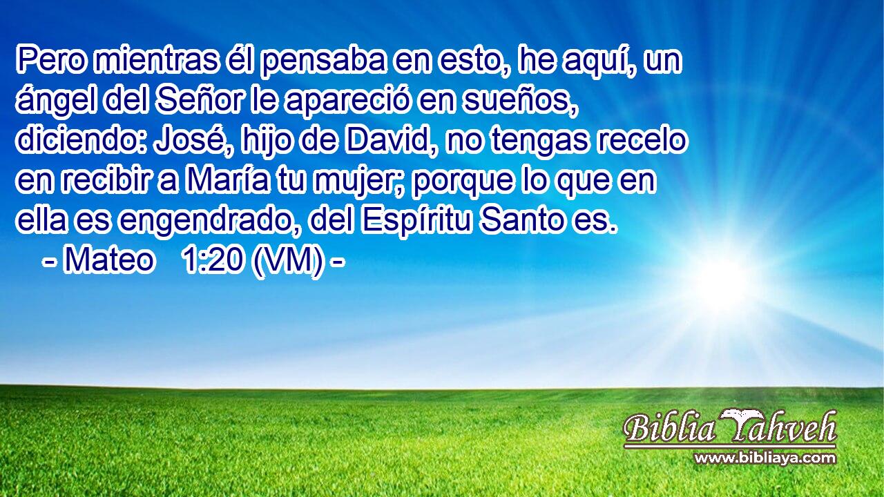  Pero mientras él pensaba en esto, he aquí, un ángel del Señor le apareció en sueños, diciendo: José, hijo de David, no tengas recelo en recibir a María tu mujer; porque lo que en ella es engendrado, del Espíritu Santo es. 