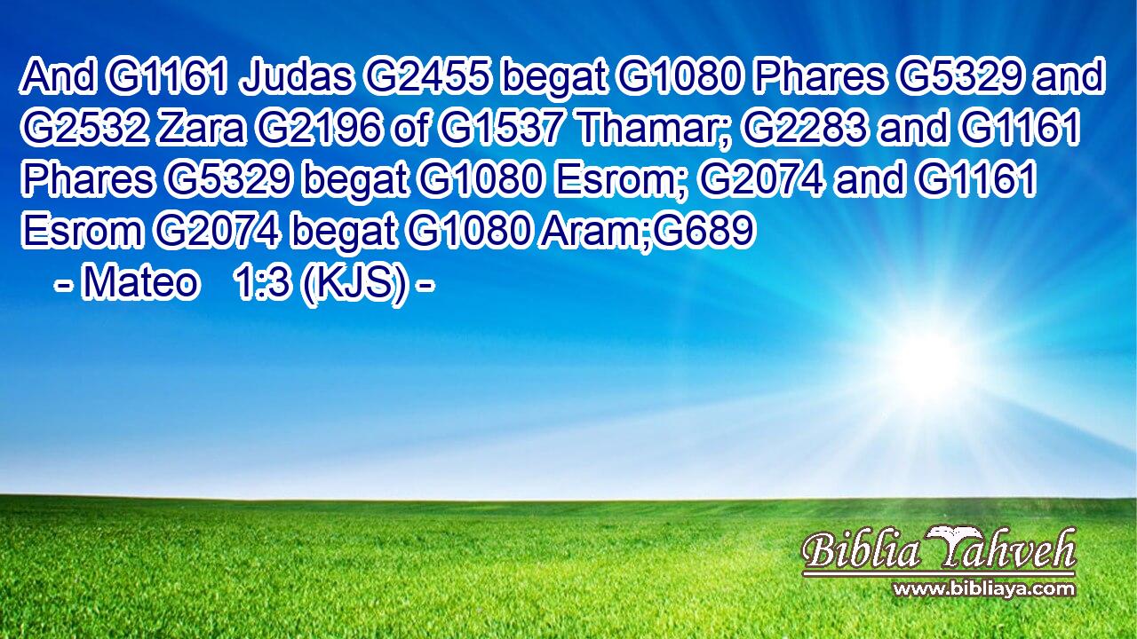 And G1161 Judas G2455 begat G1080 Phares G5329 and G2532 Zara G2196 of G1537 Thamar; G2283 and G1161 Phares G5329 begat G1080 Esrom; G2074 and G1161 Esrom G2074 begat G1080 Aram;G689
