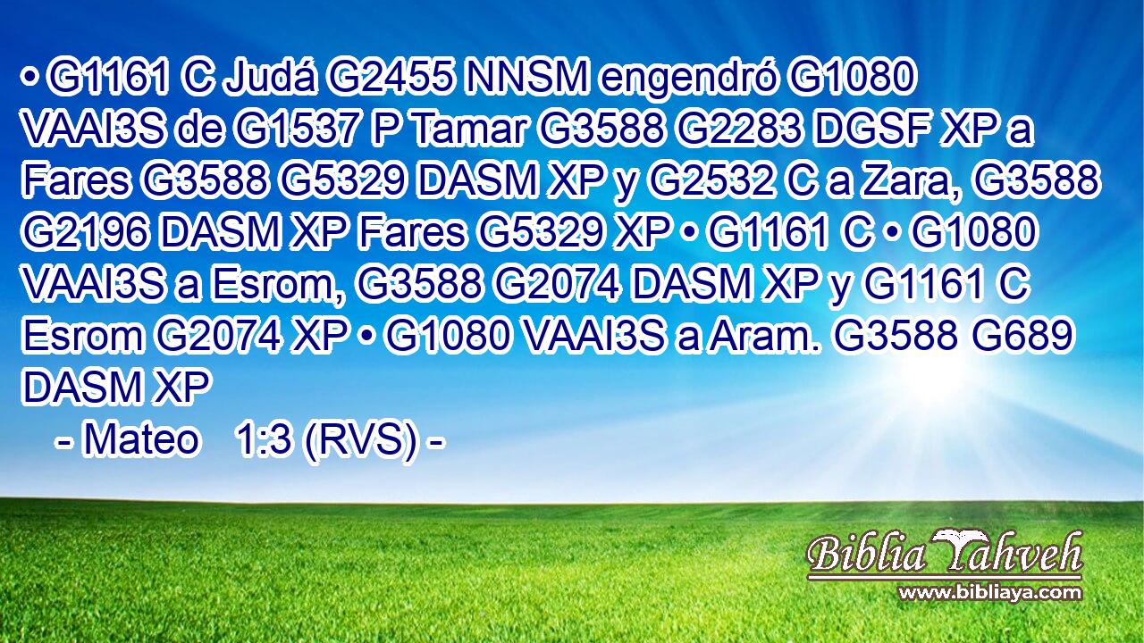 • G1161 C Judá G2455 NNSM engendró G1080 VAAI3S de G1537 P Tamar G3588 G2283 DGSF XP a Fares G3588 G5329 DASM XP y G2532 C a Zara, G3588 G2196 DASM XP Fares G5329 XP • G1161 C • G1080 VAAI3S a Esrom, G3588 G2074 DASM XP y G1161 C Esrom G2074 XP • G1080 VAAI3S a Aram. G3588 G689 DASM XP 