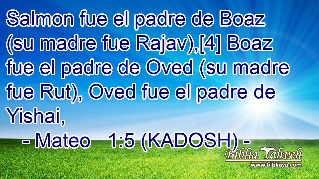  Salmon fue el padre de Boaz (su madre fue Rajav),[4] Boaz fue el padre de Oved (su madre fue Rut), Oved fue el padre de Yishai, 