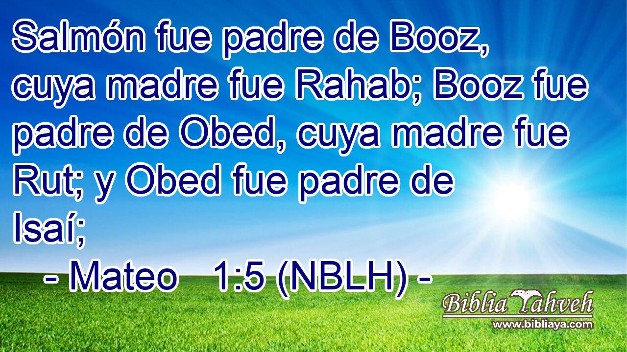  Salmón fue padre de Booz, cuya madre fue Rahab; Booz fue padre de Obed, cuya madre fue Rut; y Obed fue padre de Isaí; 