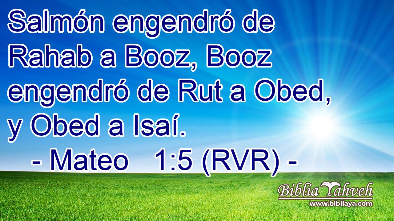 Salmón engendró de Rahab a Booz, Booz engendró de Rut a Obed, y Obed a Isaí.