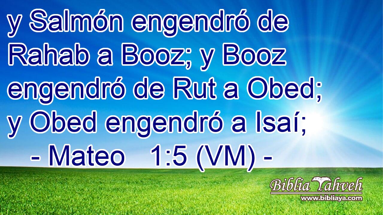  y Salmón engendró de Rahab a Booz; y Booz engendró de Rut a Obed; y Obed engendró a Isaí; 