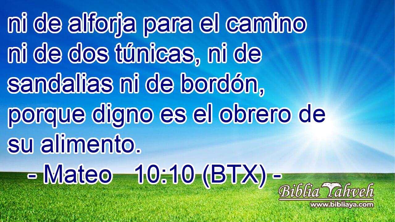 ni de alforja para el camino ni de dos túnicas, ni de sandalias ni de bordón, porque digno es el obrero de su alimento.