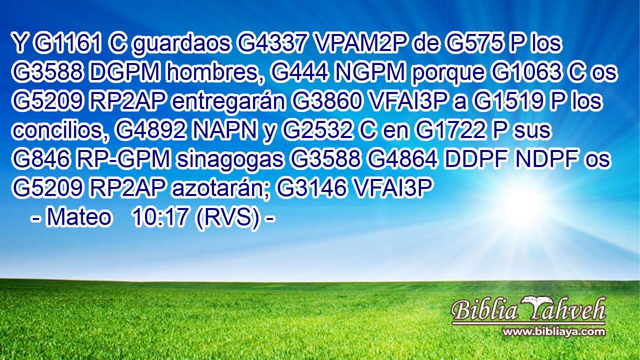 Y G1161 C guardaos G4337 VPAM2P de G575 P los G3588 DGPM hombres, G444 NGPM porque G1063 C os G5209 RP2AP entregarán G3860 VFAI3P a G1519 P los concilios, G4892 NAPN y G2532 C en G1722 P sus G846 RP-GPM sinagogas G3588 G4864 DDPF NDPF os G5209 RP2AP azotarán; G3146 VFAI3P 