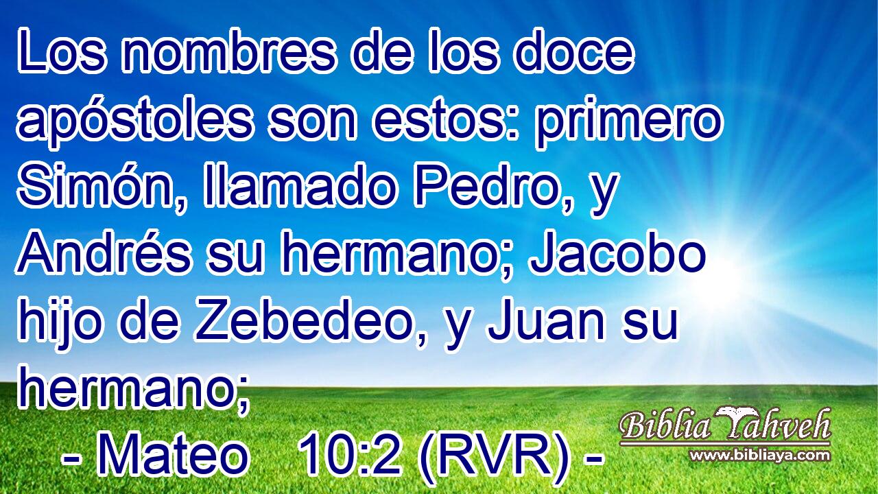 Los nombres de los doce apóstoles son estos: primero Simón, llamado Pedro, y Andrés su hermano; Jacobo hijo de Zebedeo, y Juan su hermano;