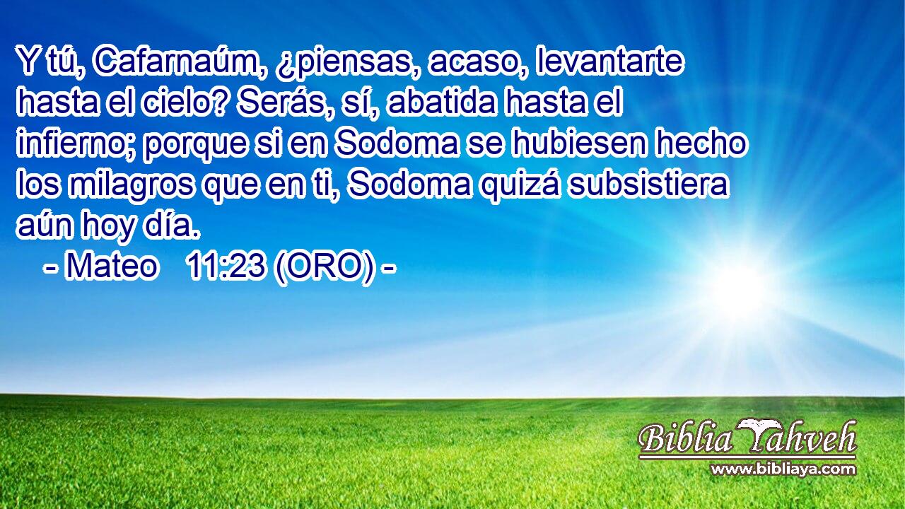  Y tú, Cafarnaúm, ¿piensas, acaso, levantarte hasta el cielo? Serás, sí, abatida hasta el infierno; porque si en Sodoma se hubiesen hecho los milagros que en ti, Sodoma quizá subsistiera aún hoy día. 