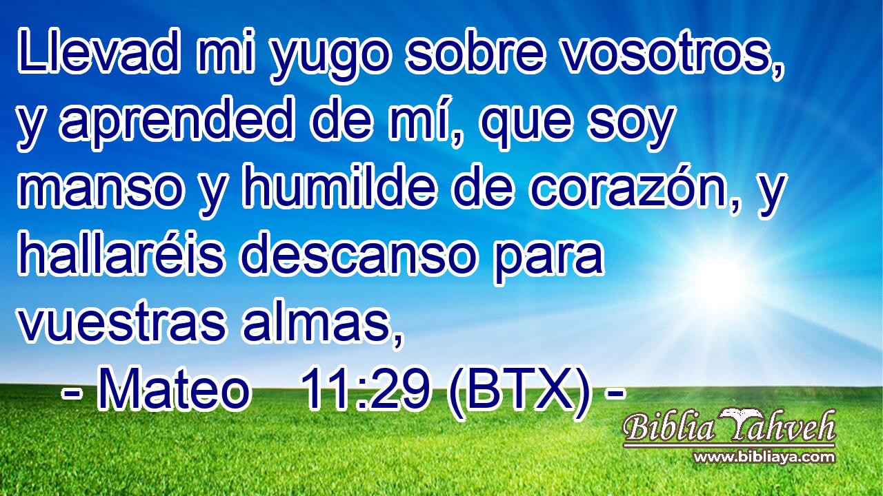 Llevad mi yugo sobre vosotros, y aprended de mí, que soy manso y humilde de corazón, y hallaréis descanso para vuestras almas,