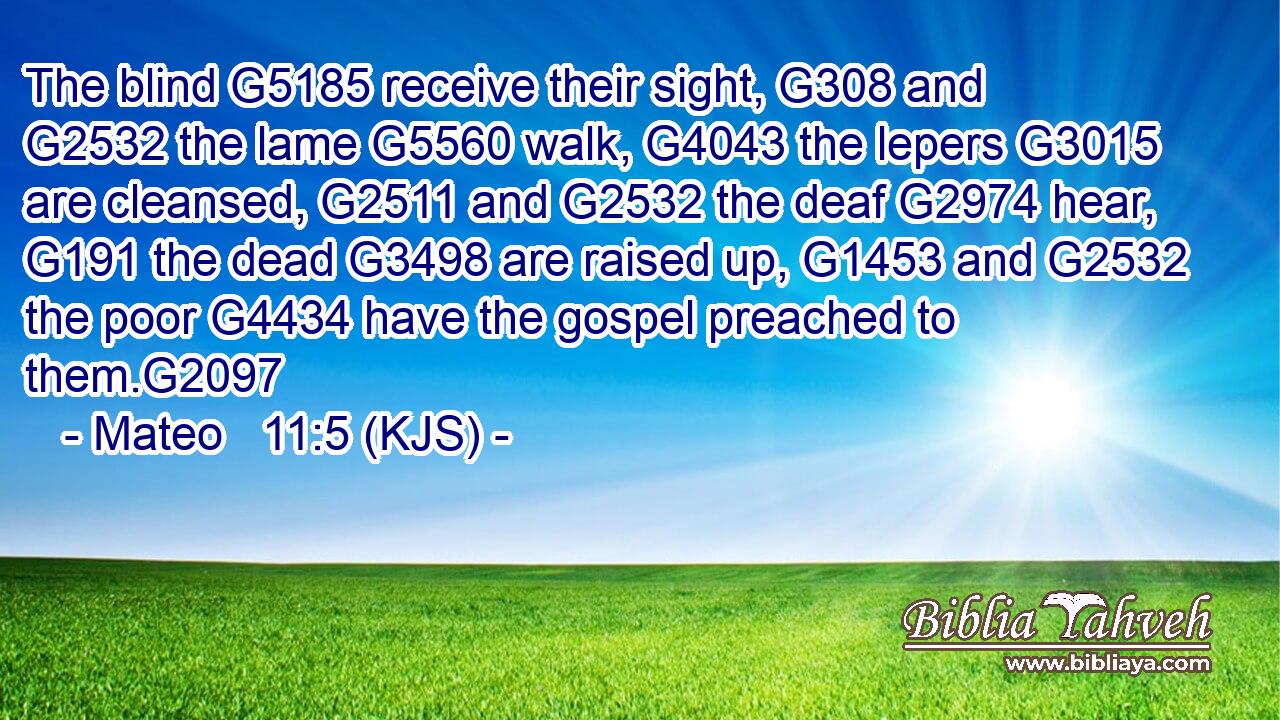 The blind G5185 receive their sight, G308 and G2532 the lame G5560 walk, G4043 the lepers G3015 are cleansed, G2511 and G2532 the deaf G2974 hear, G191 the dead G3498 are raised up, G1453 and G2532 the poor G4434 have the gospel preached to them.G2097