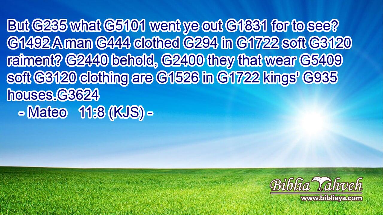 But G235 what G5101 went ye out G1831 for to see? G1492 A man G444 clothed G294 in G1722 soft G3120 raiment? G2440 behold, G2400 they that wear G5409 soft G3120 clothing are G1526 in G1722 kings' G935 houses.G3624