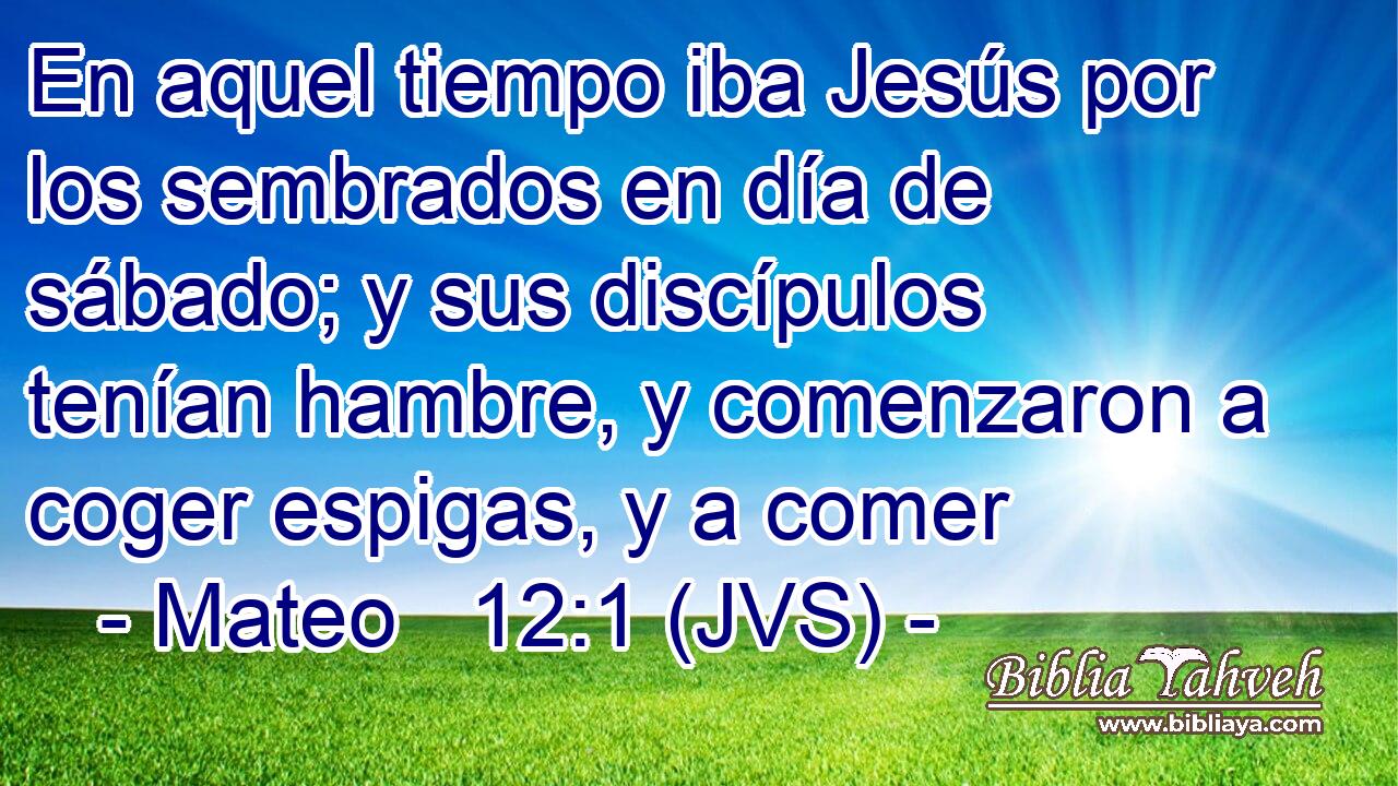 En aquel tiempo iba Jesús por los sembrados en día de sábado; y sus discípulos tenían hambre, y comenzaron a coger espigas, y a comer
