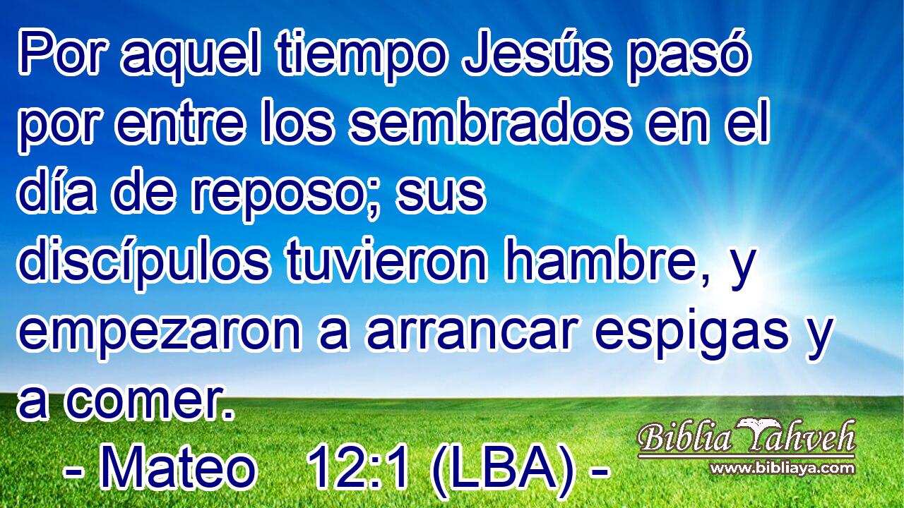 Por aquel tiempo Jesús pasó por entre los sembrados en el día de reposo; sus discípulos tuvieron hambre, y empezaron a arrancar espigas y a comer.