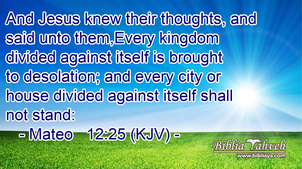 And Jesus knew their thoughts, and said unto them,Every kingdom divided against itself is brought to desolation; and every city or house divided against itself shall not stand: