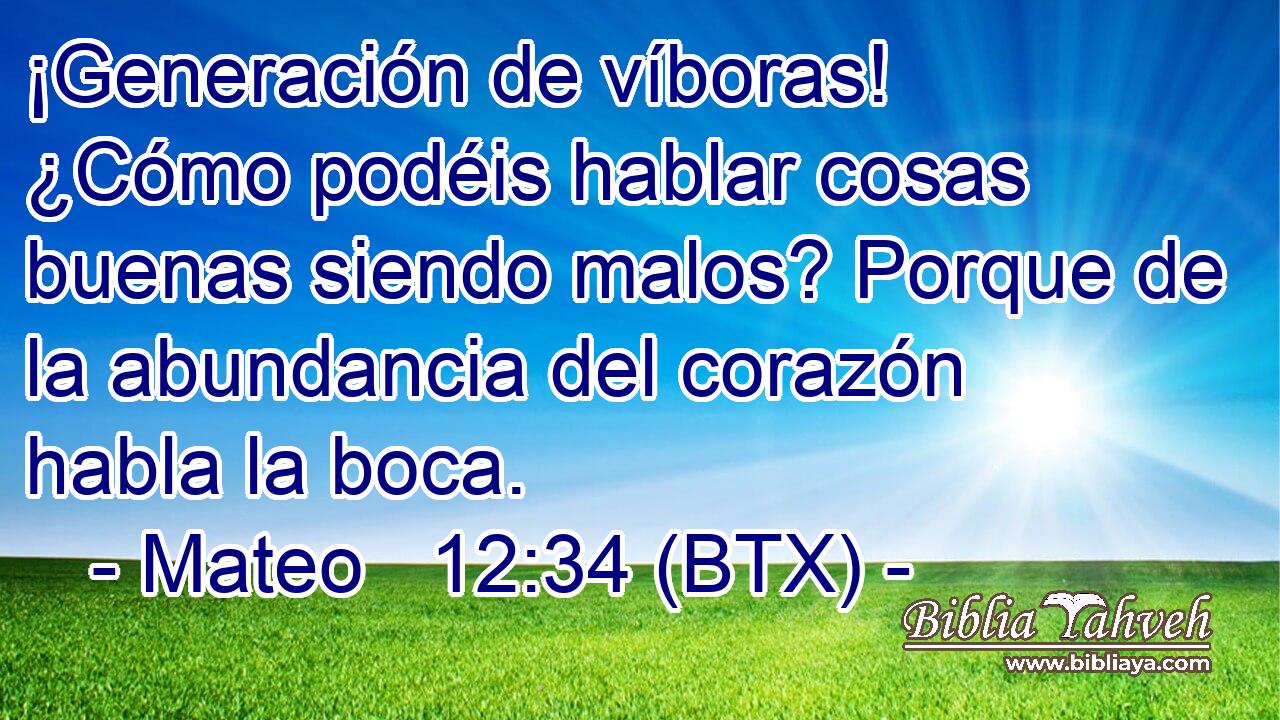 ¡Generación de víboras! ¿Cómo podéis hablar cosas buenas siendo malos? Porque de la abundancia del corazón habla la boca.