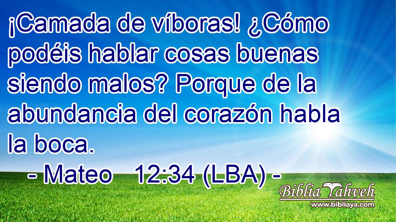 ¡Camada de víboras! ¿Cómo podéis hablar cosas buenas siendo malos? Porque de la abundancia del corazón habla la boca.