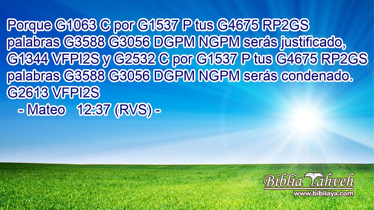 Porque G1063 C por G1537 P tus G4675 RP2GS palabras G3588 G3056 DGPM NGPM serás justificado, G1344 VFPI2S y G2532 C por G1537 P tus G4675 RP2GS palabras G3588 G3056 DGPM NGPM serás condenado. G2613 VFPI2S 