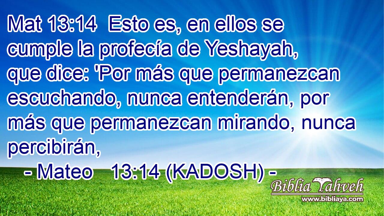  Esto es, en ellos se cumple la profecía de Yeshayah, que dice: 'Por más que permanezcan escuchando, nunca entenderán, por más que permanezcan mirando, nunca percibirán, 