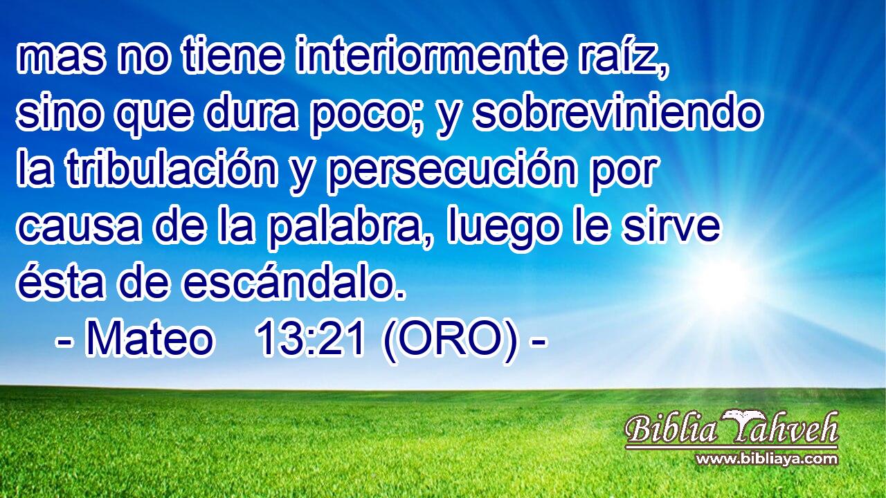  mas no tiene interiormente raíz, sino que dura poco; y sobreviniendo la tribulación y persecución por causa de la palabra, luego le sirve ésta de escándalo. 