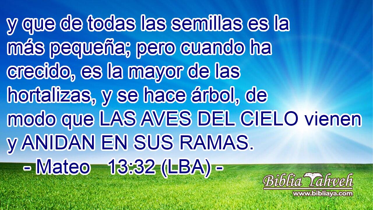 y que de todas las semillas es la más pequeña; pero cuando ha crecido, es la mayor de las hortalizas, y se hace árbol, de modo que LAS AVES DEL CIELO vienen y ANIDAN EN SUS RAMAS.