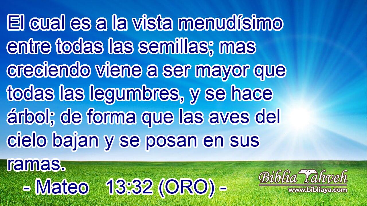  El cual es a la vista menudísimo entre todas las semillas; mas creciendo viene a ser mayor que todas las legumbres, y se hace árbol; de forma que las aves del cielo bajan y se posan en sus ramas. 