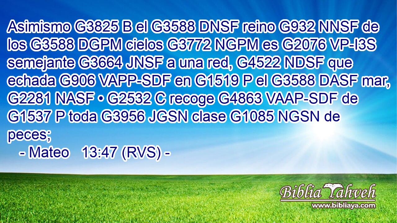 Asimismo G3825 B el G3588 DNSF reino G932 NNSF de los G3588 DGPM cielos G3772 NGPM es G2076 VP-I3S semejante G3664 JNSF a una red, G4522 NDSF que echada G906 VAPP-SDF en G1519 P el G3588 DASF mar, G2281 NASF • G2532 C recoge G4863 VAAP-SDF de G1537 P toda G3956 JGSN clase G1085 NGSN de peces; 