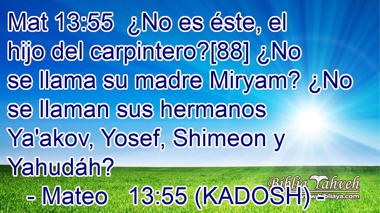  ¿No es éste, el hijo del carpintero?[88] ¿No se llama su madre Miryam? ¿No se llaman sus hermanos Ya'akov, Yosef, Shimeon y Yahudáh? 