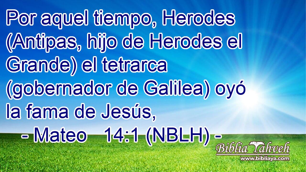  Por aquel tiempo, Herodes (Antipas, hijo de Herodes el Grande) el tetrarca (gobernador de Galilea) oyó la fama de Jesús, 