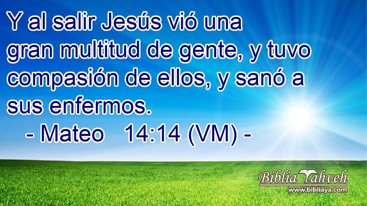  Y al salir Jesús vió una gran multitud de gente, y tuvo compasión de ellos, y sanó a sus enfermos. 
