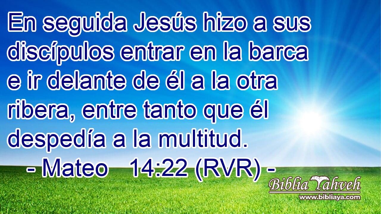 En seguida Jesús hizo a sus discípulos entrar en la barca e ir delante de él a la otra ribera, entre tanto que él despedía a la multitud.