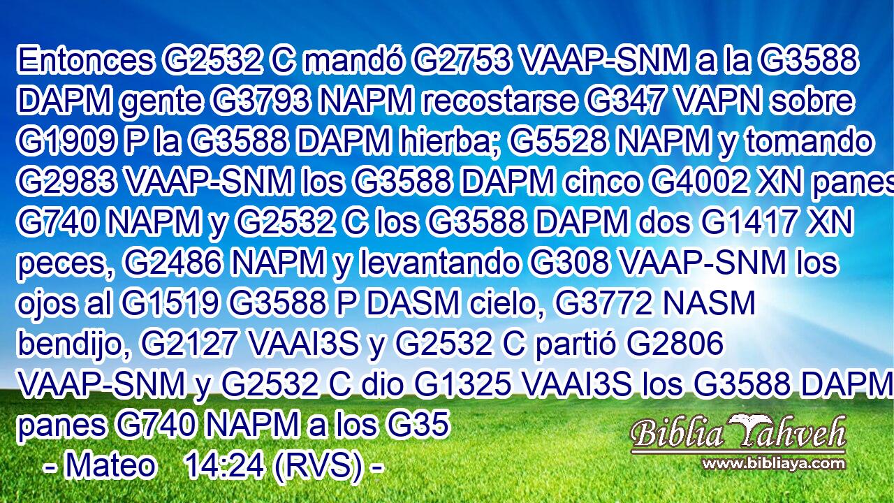 Entonces G2532 C mandó G2753 VAAP-SNM a la G3588 DAPM gente G3793 NAPM recostarse G347 VAPN sobre G1909 P la G3588 DAPM hierba; G5528 NAPM y tomando G2983 VAAP-SNM los G3588 DAPM cinco G4002 XN panes G740 NAPM y G2532 C los G3588 DAPM dos G1417 XN peces, G2486 NAPM y levantando G308 VAAP-SNM los ojos al G1519 G3588 P DASM cielo, G3772 NASM bendijo, G2127 VAAI3S y G2532 C partió G2806 VAAP-SNM y G2532 C dio G1325 VAAI3S los G3588 DAPM panes G740 NAPM a los G35