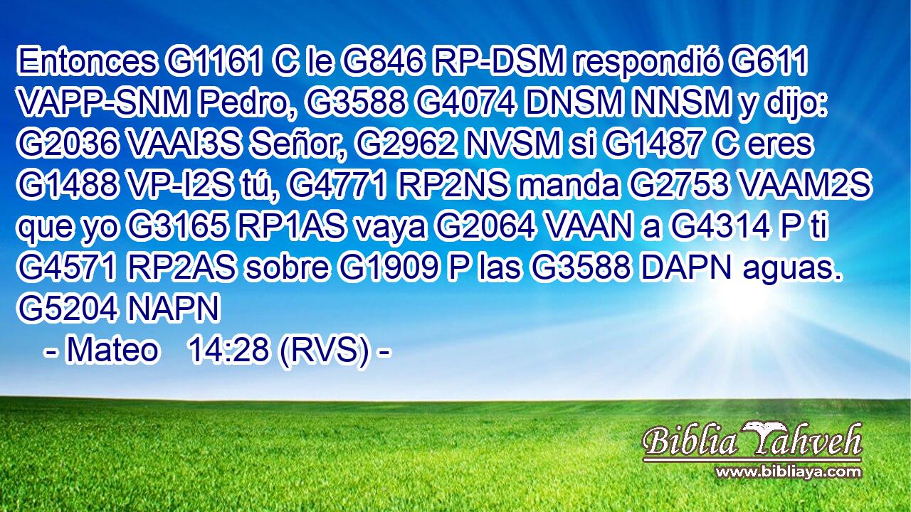 Entonces G1161 C le G846 RP-DSM respondió G611 VAPP-SNM Pedro, G3588 G4074 DNSM NNSM y dijo: G2036 VAAI3S Señor, G2962 NVSM si G1487 C eres G1488 VP-I2S tú, G4771 RP2NS manda G2753 VAAM2S que yo G3165 RP1AS vaya G2064 VAAN a G4314 P ti G4571 RP2AS sobre G1909 P las G3588 DAPN aguas. G5204 NAPN 
