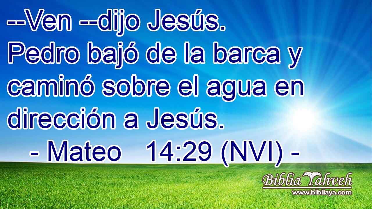  --Ven --dijo Jesús. Pedro bajó de la barca y caminó sobre el agua en dirección a Jesús. 