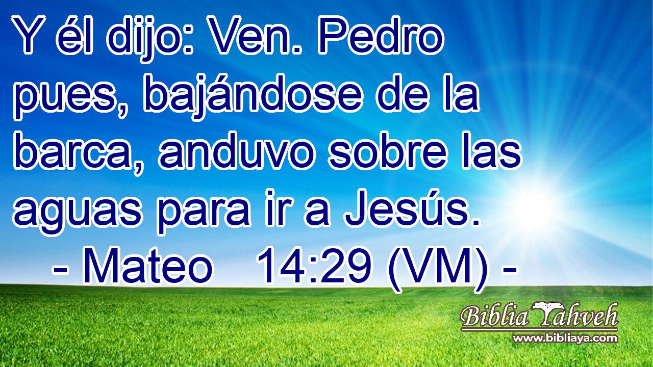  Y él dijo: Ven. Pedro pues, bajándose de la barca, anduvo sobre las aguas para ir a Jesús. 
