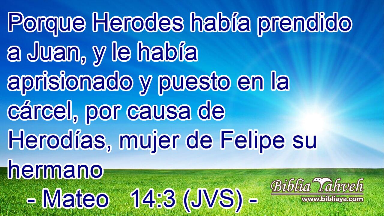 Porque Herodes había prendido a Juan, y le había aprisionado y puesto en la cárcel, por causa de Herodías, mujer de Felipe su hermano
