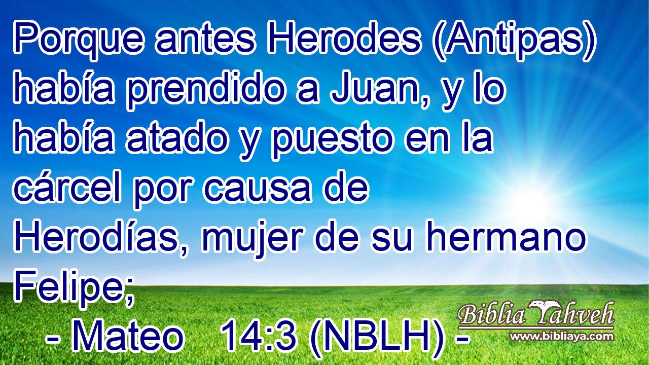  Porque antes Herodes (Antipas) había prendido a Juan, y lo había atado y puesto en la cárcel por causa de Herodías, mujer de su hermano Felipe; 