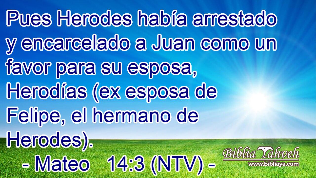 Pues Herodes había arrestado y encarcelado a Juan como un favor para su esposa, Herodías (ex esposa de Felipe, el hermano de Herodes).