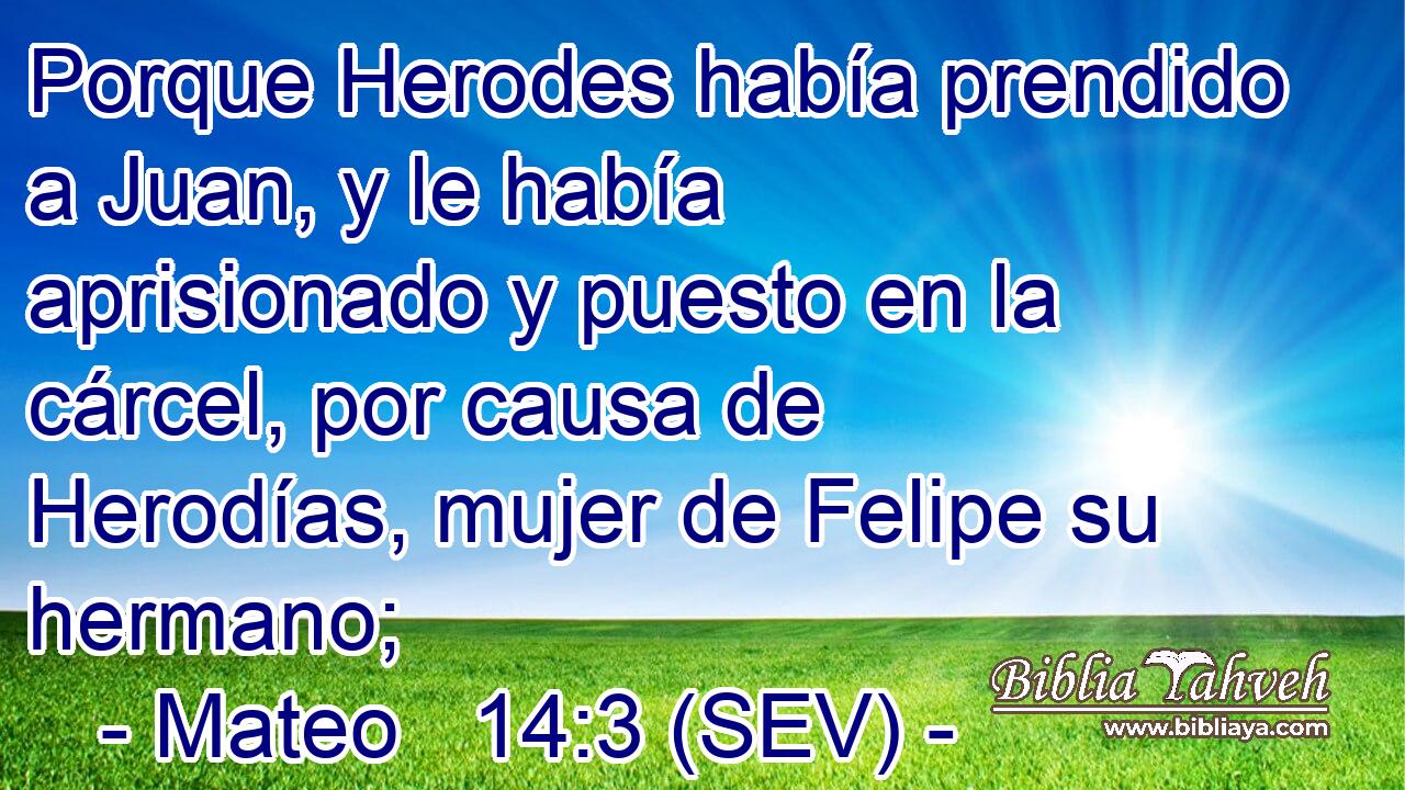 Porque Herodes había prendido a Juan, y le había aprisionado y puesto en la cárcel, por causa de Herodías, mujer de Felipe su hermano;