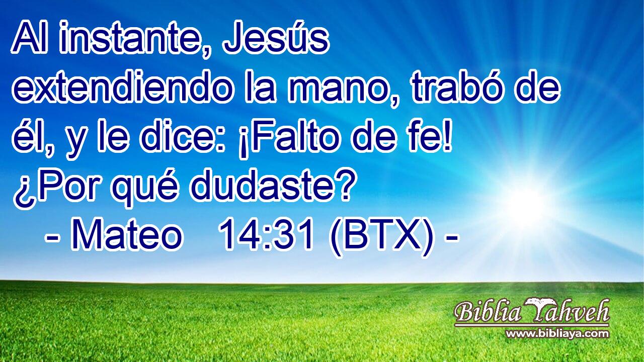 Al instante, Jesús extendiendo la mano, trabó de él, y le dice: ¡Falto de fe! ¿Por qué dudaste?