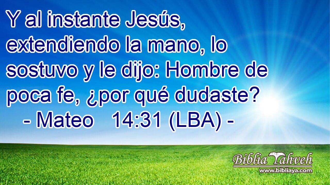 Y al instante Jesús, extendiendo la mano, lo sostuvo y le dijo: Hombre de poca fe, ¿por qué dudaste?