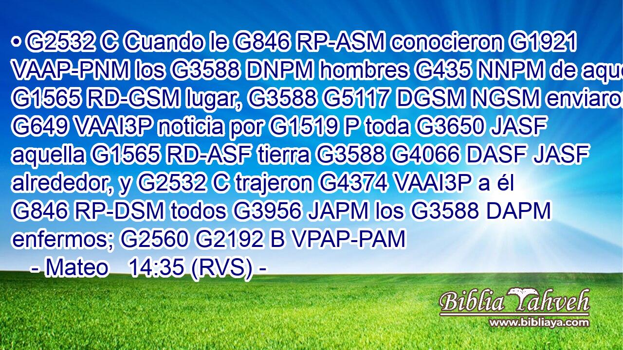 • G2532 C Cuando le G846 RP-ASM conocieron G1921 VAAP-PNM los G3588 DNPM hombres G435 NNPM de aquel G1565 RD-GSM lugar, G3588 G5117 DGSM NGSM enviaron G649 VAAI3P noticia por G1519 P toda G3650 JASF aquella G1565 RD-ASF tierra G3588 G4066 DASF JASF alrededor, y G2532 C trajeron G4374 VAAI3P a él G846 RP-DSM todos G3956 JAPM los G3588 DAPM enfermos; G2560 G2192 B VPAP-PAM 