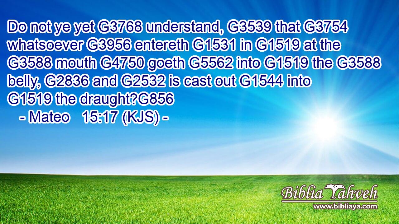 Do not ye yet G3768 understand, G3539 that G3754 whatsoever G3956 entereth G1531 in G1519 at the G3588 mouth G4750 goeth G5562 into G1519 the G3588 belly, G2836 and G2532 is cast out G1544 into G1519 the draught?G856