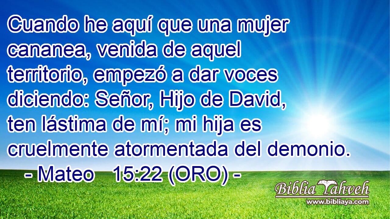  Cuando he aquí que una mujer cananea, venida de aquel territorio, empezó a dar voces diciendo: Señor, Hijo de David, ten lástima de mí; mi hija es cruelmente atormentada del demonio. 