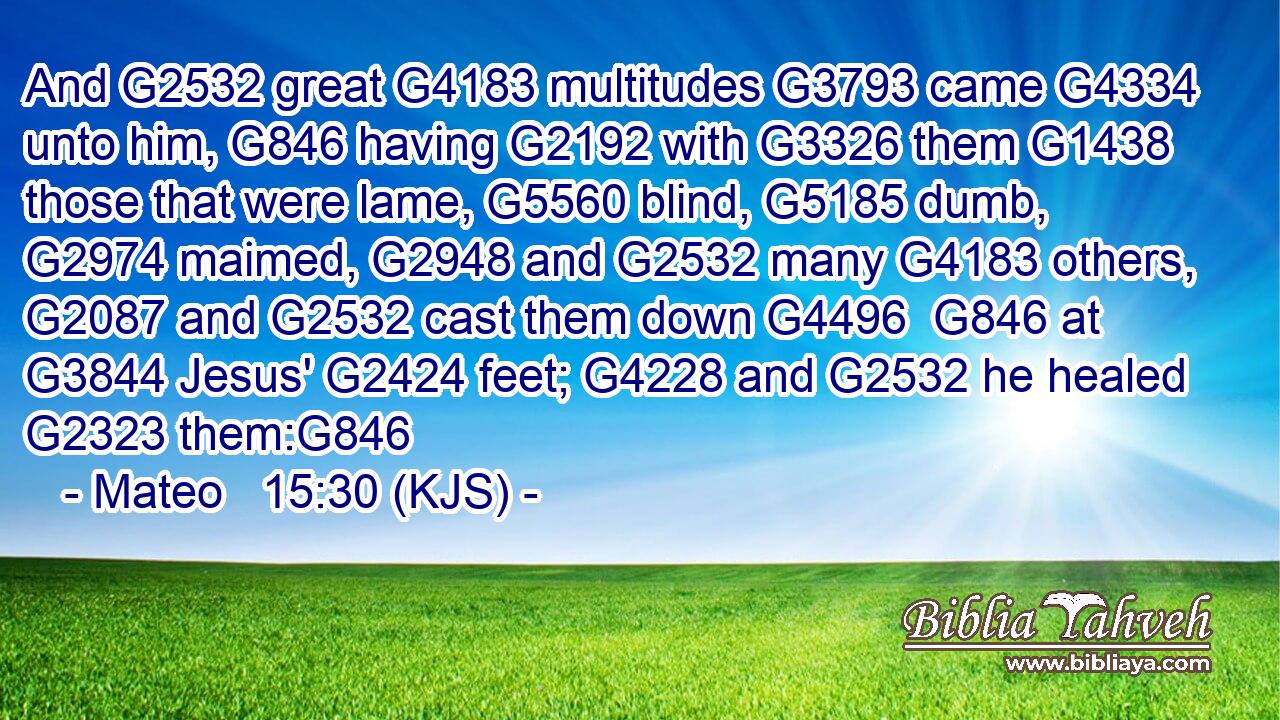 And G2532 great G4183 multitudes G3793 came G4334 unto him, G846 having G2192 with G3326 them G1438 those that were lame, G5560 blind, G5185 dumb, G2974 maimed, G2948 and G2532 many G4183 others, G2087 and G2532 cast them down G4496  G846 at G3844 Jesus' G2424 feet; G4228 and G2532 he healed G2323 them:G846