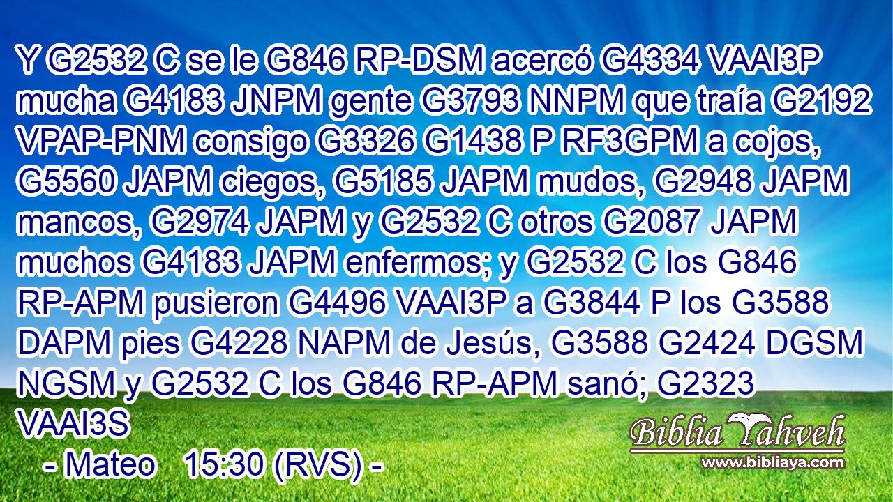 Y G2532 C se le G846 RP-DSM acercó G4334 VAAI3P mucha G4183 JNPM gente G3793 NNPM que traía G2192 VPAP-PNM consigo G3326 G1438 P RF3GPM a cojos, G5560 JAPM ciegos, G5185 JAPM mudos, G2948 JAPM mancos, G2974 JAPM y G2532 C otros G2087 JAPM muchos G4183 JAPM enfermos; y G2532 C los G846 RP-APM pusieron G4496 VAAI3P a G3844 P los G3588 DAPM pies G4228 NAPM de Jesús, G3588 G2424 DGSM NGSM y G2532 C los G846 RP-APM sanó; G2323 VAAI3S 