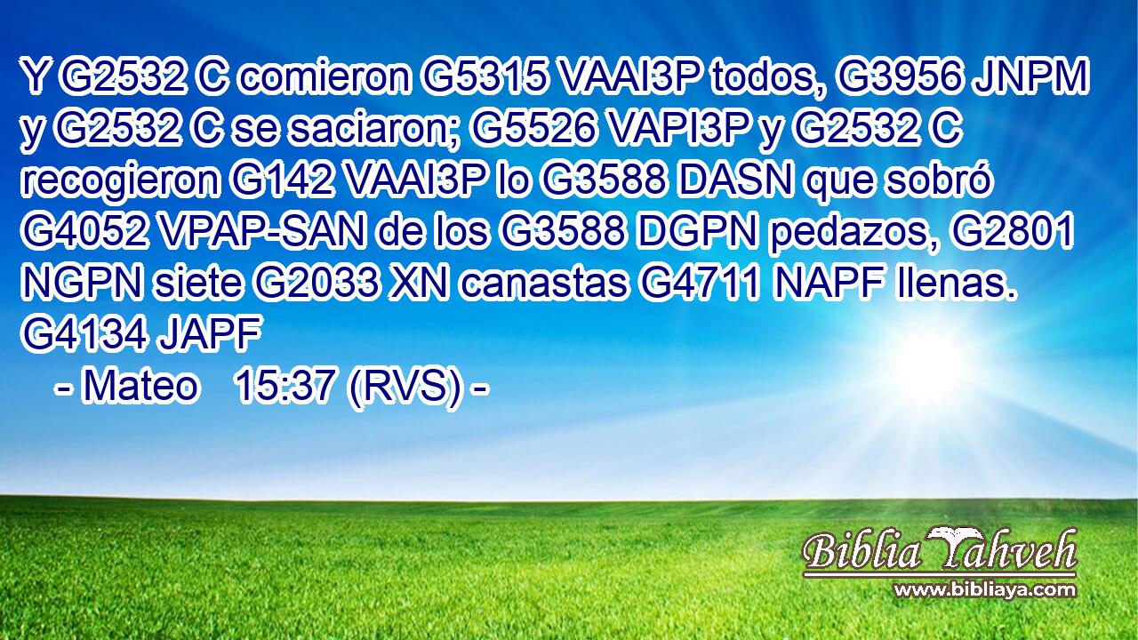 Y G2532 C comieron G5315 VAAI3P todos, G3956 JNPM y G2532 C se saciaron; G5526 VAPI3P y G2532 C recogieron G142 VAAI3P lo G3588 DASN que sobró G4052 VPAP-SAN de los G3588 DGPN pedazos, G2801 NGPN siete G2033 XN canastas G4711 NAPF llenas. G4134 JAPF 