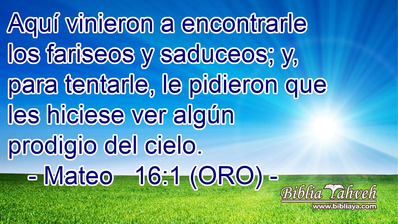  Aquí vinieron a encontrarle los fariseos y saduceos; y, para tentarle, le pidieron que les hiciese ver algún prodigio del cielo. 